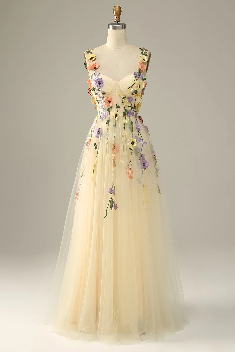 Champagne Spaghetti Straps Prom Dress With 3D Flowers 1 Champagne Spaghetti Straps Prom Dress With 3D Flowers