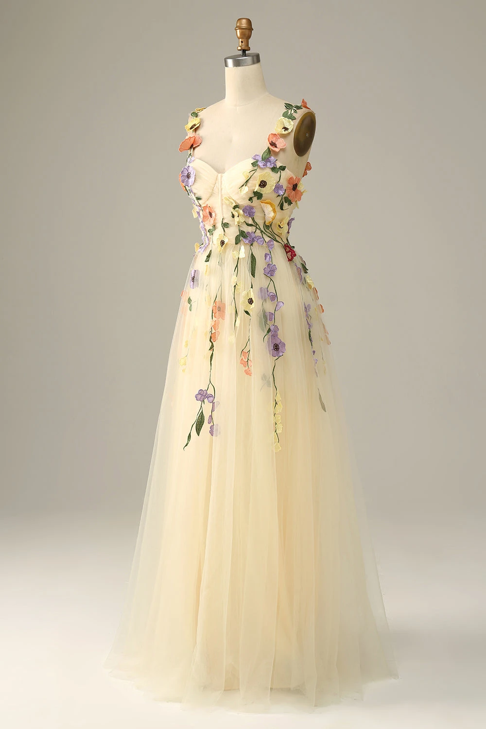 Champagne Spaghetti Straps Prom Dress With 3D Flowers 4 Champagne Spaghetti Straps Prom Dress With 3D Flowers - Image 4
