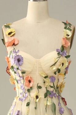 Champagne Spaghetti Straps Prom Dress With 3D Flowers 23 Champagne Spaghetti Straps Prom Dress With 3D Flowers -Zapaka Sales Store YYLH30801 Champagne 4