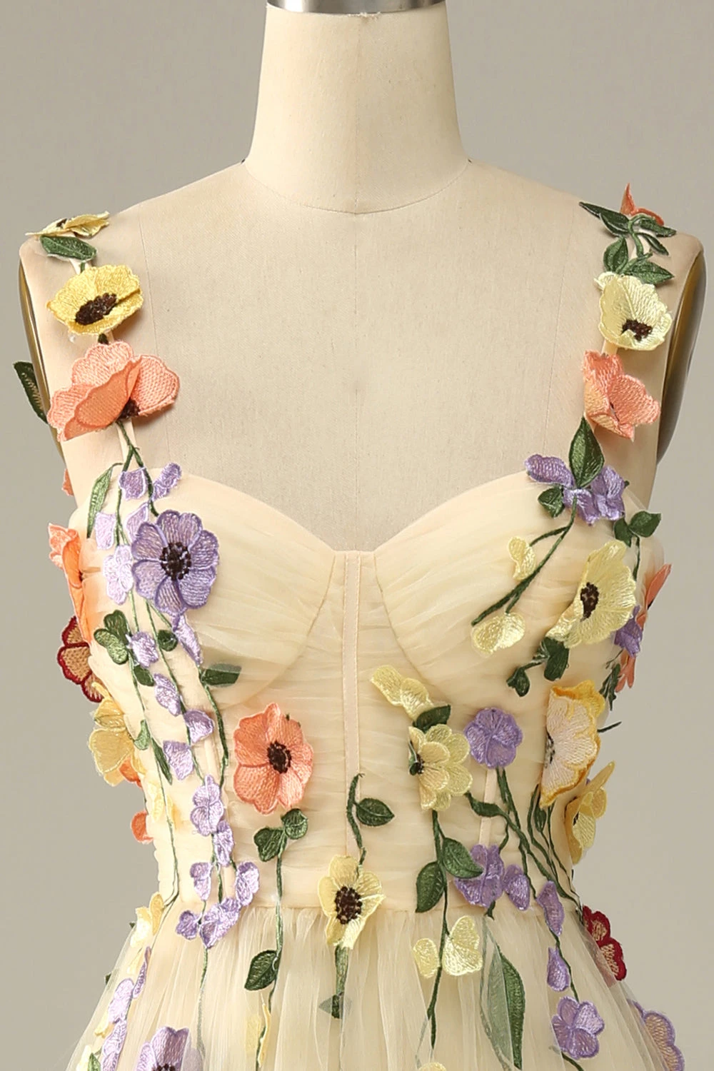 Champagne Spaghetti Straps Prom Dress With 3D Flowers 5 Champagne Spaghetti Straps Prom Dress With 3D Flowers - Image 5