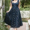 Navy Stars A-Line Tea-Length Prom Dress With Bowknots