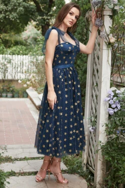 Navy Stars A-Line Tea-Length Prom Dress With Bowknots -Zapaka Sales Store YYLH30803 Navy 5
