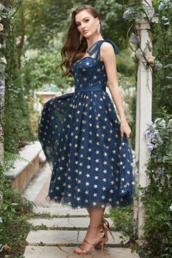 Navy Stars A-Line Tea-Length Prom Dress With Bowknots -Zapaka Sales Store YYLH30803 Navy 6
