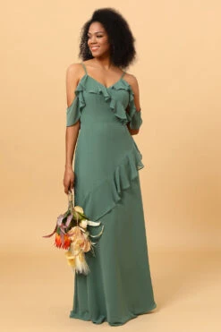 Eucalyptus Spaghetti Straps Long Bridesmaid Dress With Ruffles -Zapaka Sales Store YYLH30820Eucalyptus 4