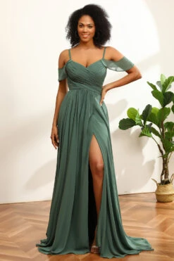 Eucalyptus Ruched Lace-Up Back Long Chiffon Bridesmaid Dress -Zapaka Sales Store YYLH30821 Eucalyptus 4