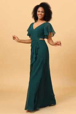 Dark Green V-Neck Long Chiffon Bridesmaid Dress With Ruffles -Zapaka Sales Store YYLH30829DarkGreen 3