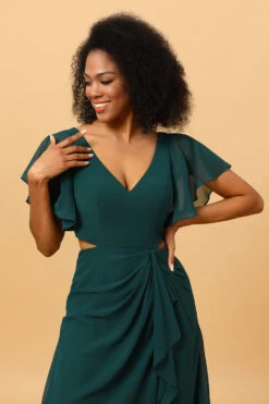 Dark Green V-Neck Long Chiffon Bridesmaid Dress With Ruffles -Zapaka Sales Store YYLH30829DarkGreen 6