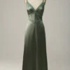 V-Neck Open Back Dusty Green Bridesmaid Dress With Lace