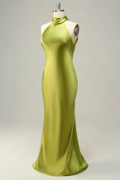 Halter Open Back Lemon Green Long Bridesmaid Dress -Zapaka Sales Store YYLH30904 Lemon Green 3