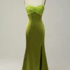 Sheath Spaghetti Straps Lemon Green Bridesmaid Dress With Silt