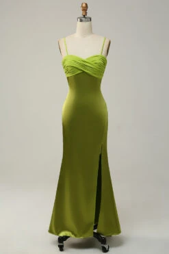 Sheath Spaghetti Straps Lemon Green Bridesmaid Dress With Silt