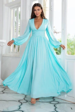 Light Green Chiffon Long Prom Dress With Slit -Zapaka Sales Store YYLH443 4