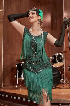 Champagne Gatsby 1920s Dress With Sequins And Fringes -Zapaka Sales Store YYZL220DarkGreen 3