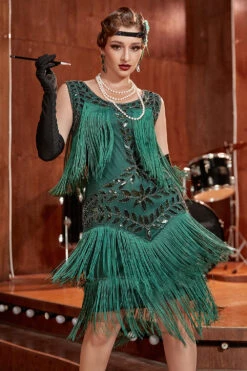 Champagne Gatsby 1920s Dress With Sequins And Fringes -Zapaka Sales Store YYZL220DarkGreen 6
