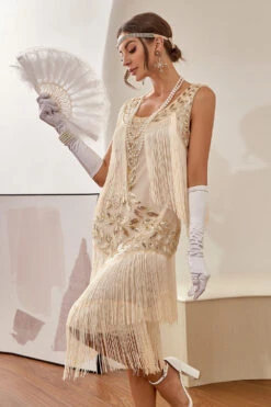 Champagne Gatsby 1920s Dress With Sequins And Fringes -Zapaka Sales Store YYZL220 2