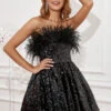 Black Strapless Cocktail Dress With Feathers