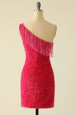 Hot Pink One Shoulder Sequin Graduation Dress -Zapaka Sales Store YYZL350 Fuchsia 2