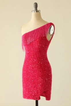 Hot Pink One Shoulder Sequin Graduation Dress -Zapaka Sales Store YYZL350 Fuchsia 3