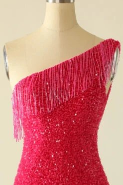 Hot Pink One Shoulder Sequin Graduation Dress -Zapaka Sales Store YYZL350 Fuchsia 4