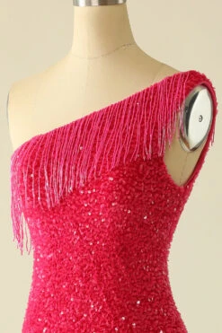 Hot Pink One Shoulder Sequin Graduation Dress -Zapaka Sales Store YYZL350 Fuchsia 5