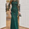 Dark Green Long Sleeves Beading Wedding Party Dress