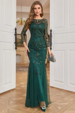Dark Green Long Sleeves Beading Wedding Party Dress