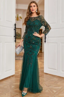 Dark Green Long Sleeves Beading Wedding Party Dress -Zapaka Sales Store YYZL371DarkGreen 3