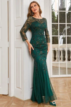 Dark Green Long Sleeves Beading Wedding Party Dress -Zapaka Sales Store YYZL371DarkGreen 5