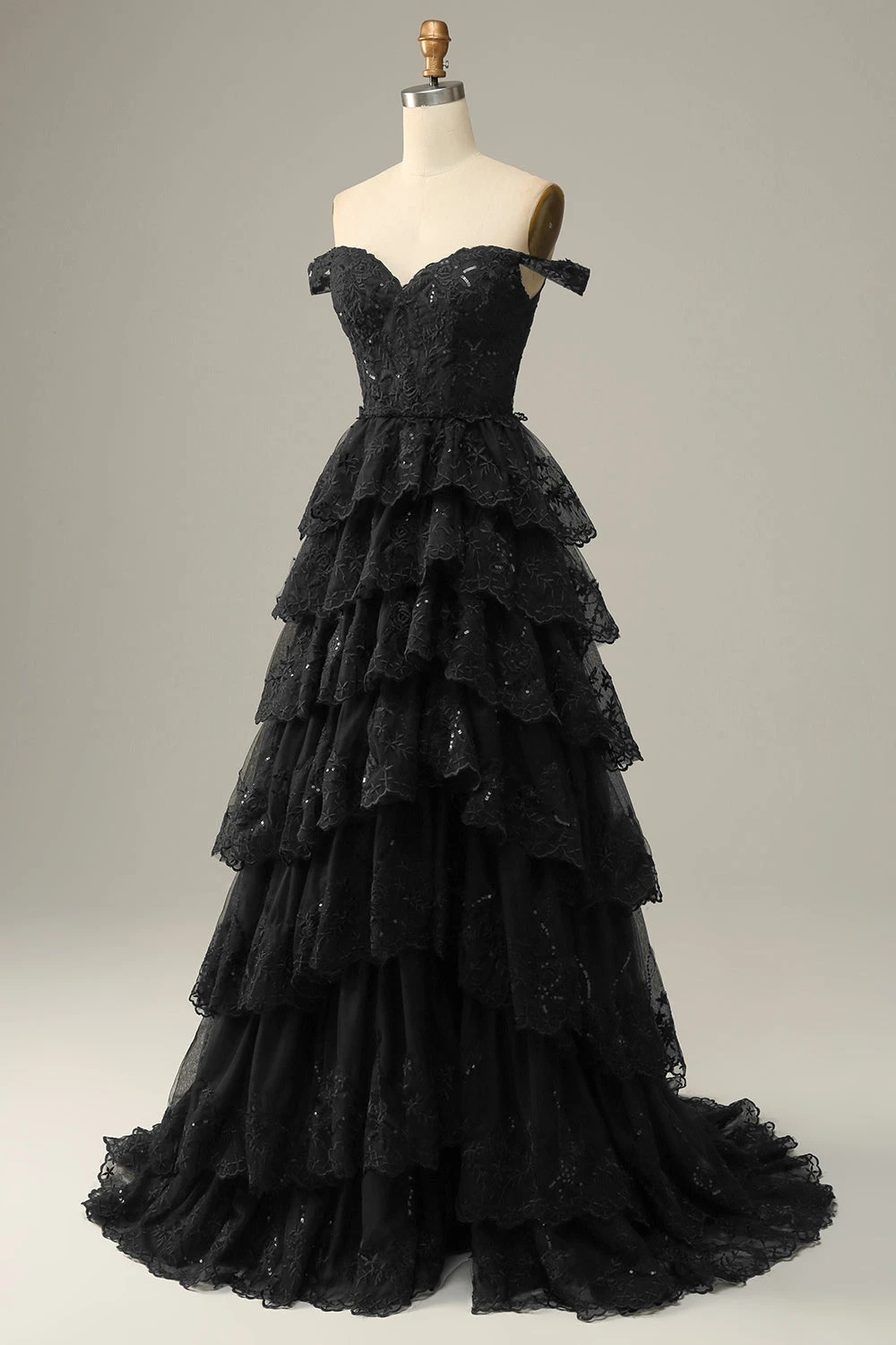 Long Off The Shoulder Black Tiered Prom Dress 9 Long Off The Shoulder Black Tiered Prom Dress - Image 9