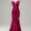 Hot Pink Strapless Sequin Prom Dress With Slit