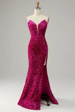 Hot Pink Strapless Sequin Prom Dress With Slit