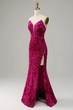 Hot Pink Strapless Sequin Prom Dress With Slit -Zapaka Sales Store YYZL403 20Fuchsia 3