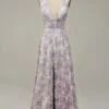 Iovry Purple Printed V-Neck Prom Dress With Slit