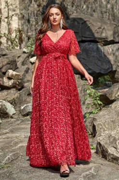 A Line V Neck Red Lace Plus Size Prom Dress With Split Front 9 A Line V Neck Red Lace Plus Size Prom Dress With Split Front -Zapaka Sales Store YYZL493Red 4