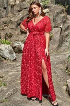 A Line V Neck Red Lace Plus Size Prom Dress With Split Front 10 A Line V Neck Red Lace Plus Size Prom Dress With Split Front -Zapaka Sales Store YYZL493Red 5