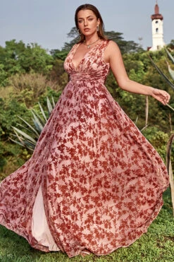 A Line Rust Printed Plus Size Prom Dress With Split Front