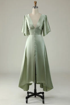 A Line Deep V Neck Light Green Bridesmaid Dress With Half Sleeves