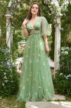 A-Line V-Neck Embroidery Green Long Prom Dress With Short Sleeves -Zapaka Sales Store YYZL500Green 4