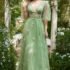 A-Line V-Neck Embroidery Green Long Prom Dress With Short Sleeves