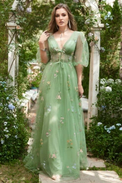 A-Line V-Neck Embroidery Green Long Prom Dress With Short Sleeves