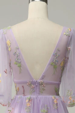 A-Line V-Neck Embroidery Lavender Long Prom Dress With Short Sleeves -Zapaka Sales Store YYZL500Lavender 6