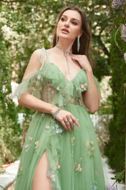 A-Line V-Neck Spaghetti Straps Embroidery Green Long Prom Dress With Slit -Zapaka Sales Store YYZL501Green 3