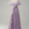 A-Line V-Neck Spaghetti Straps Embroidery Lavender Long Prom Dress With Slit