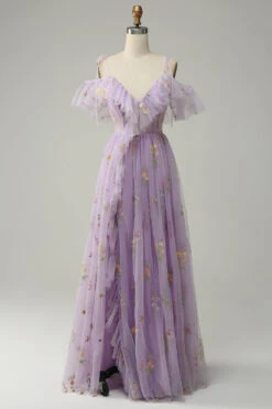 A-Line V-Neck Spaghetti Straps Embroidery Lavender Long Prom Dress With Slit