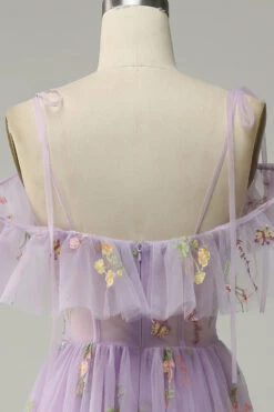 A-Line V-Neck Spaghetti Straps Embroidery Lavender Long Prom Dress With Slit -Zapaka Sales Store YYZL501Lavender 6