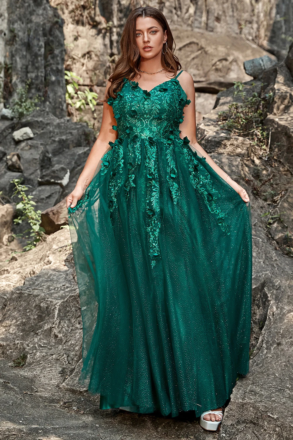 A Line Spaghetti Straps Dark Green Long Prom Dress With Appliques 3 A Line Spaghetti Straps Dark Green Long Prom Dress With Appliques - Image 3