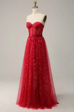Red Strapless Tulle Corset Prom Dress -Zapaka Sales Store YYZL509 Dark Red 3