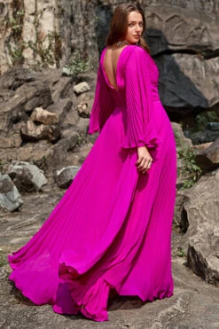 A Line Deep V Neck Dark Fuchsia Plus Size Prom Dress With Long Sleeves -Zapaka Sales Store YYZL510DarkFuchsia 2