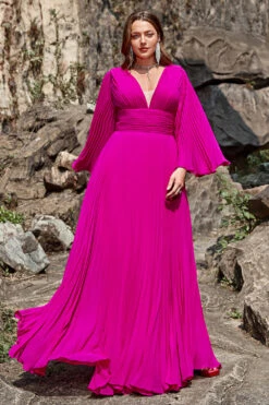 A Line Deep V Neck Dark Fuchsia Plus Size Prom Dress With Long Sleeves -Zapaka Sales Store YYZL510DarkFuchsia 3