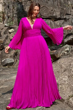 A Line Deep V Neck Dark Fuchsia Plus Size Prom Dress With Long Sleeves -Zapaka Sales Store YYZL510DarkFuchsia 4